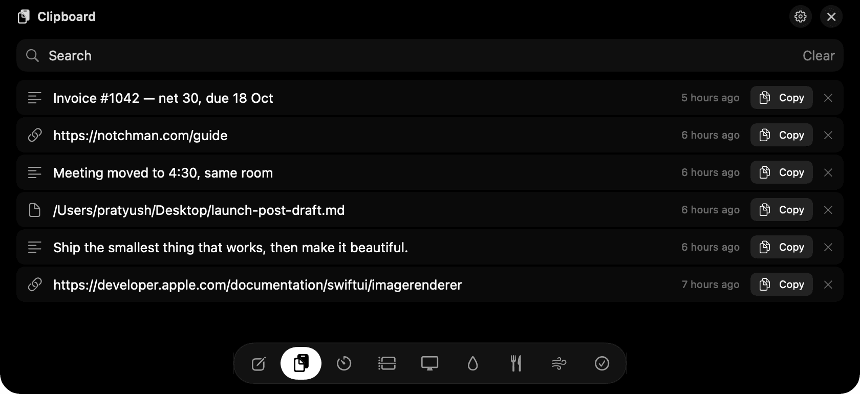 Clipboard: search, click Copy, paste.