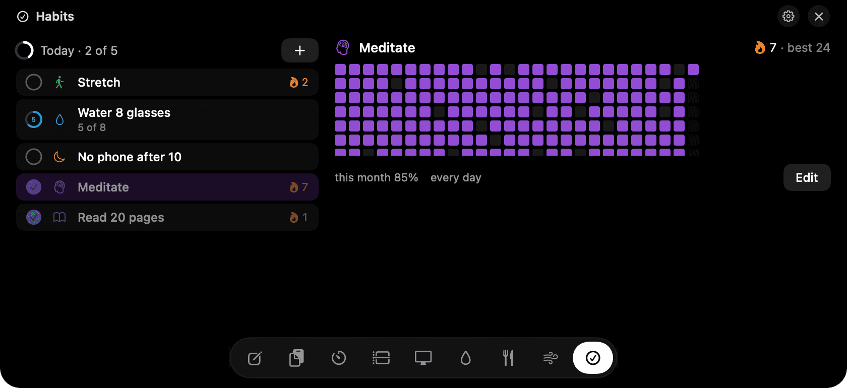 Habits: today's list and the heatmap.