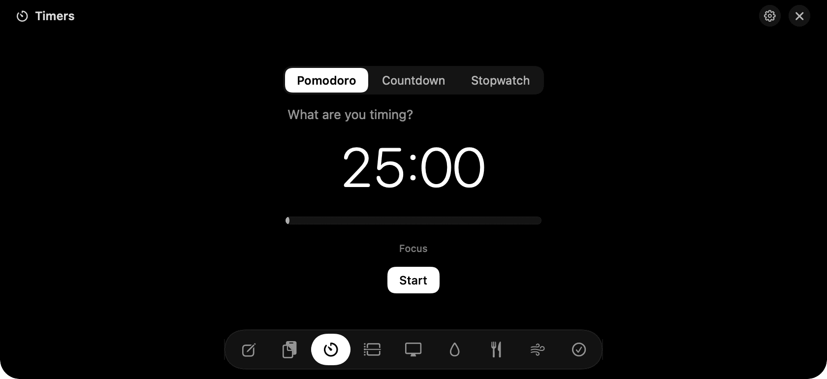 Timers: Pomodoro with an editable countdown beside it.