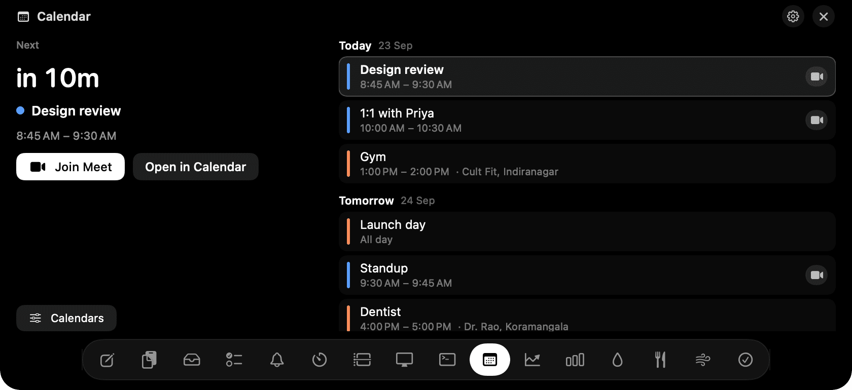 Calendar in the notch: a countdown to the next event, Join, and today's list.