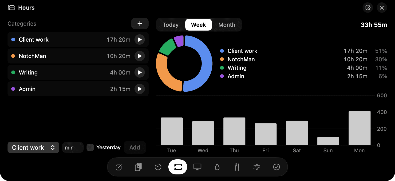 Hours in the notch: press play, and the donut fills in.