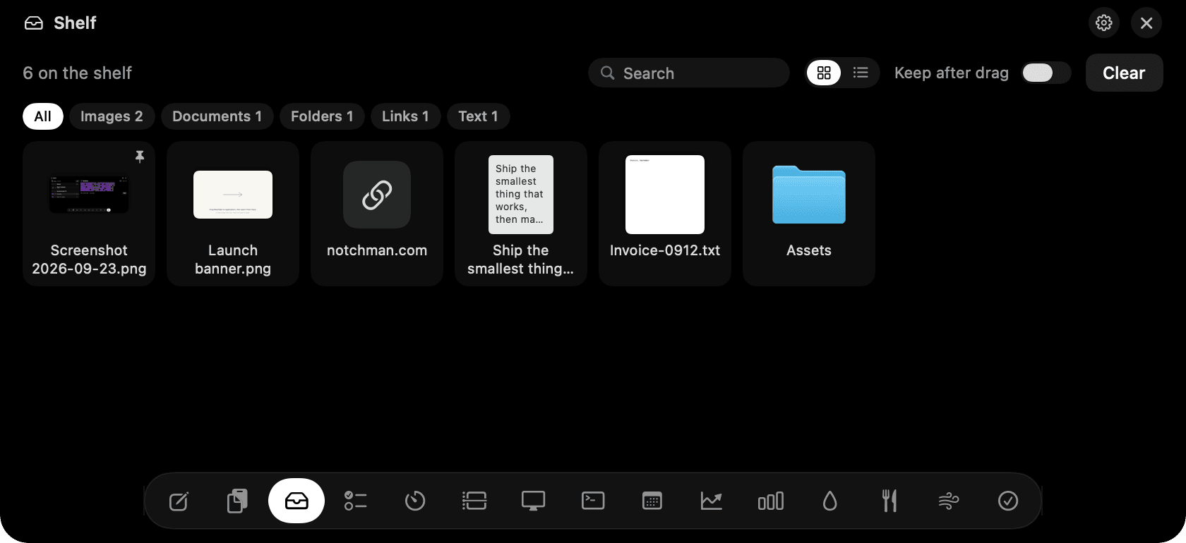 Shelf in the notch: dropped files with thumbnails, a link, a note, and a folder.
