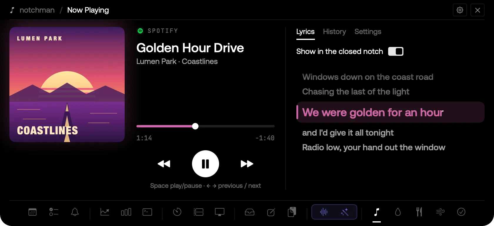 Now Playing: the album, the controls, and the lyrics with the line being sung highlighted.