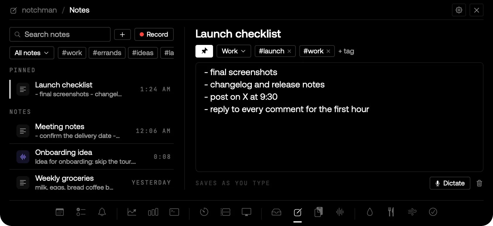 Notes in the notch: a pinned checklist, folders and tags, and voice notes in the same list.