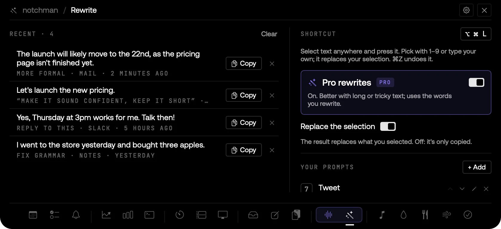 Rewrite: recent rewrites with the app they went to, the ⌥⌘L shortcut, Pro rewrites and your own prompts.